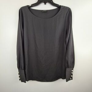 Ann Taylor Petite Black Pearl Cuff Blouse Long Sleeve Scoop Neck Top LP Dressy